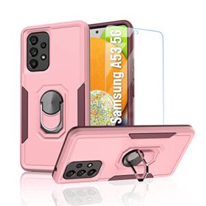 tunkarmor for samsung galaxy a53 5g | a53 5g uw case: with tempered screen protector built in rotable ring kickstand military grade dual layer shockproof protective phone cover - rose pink