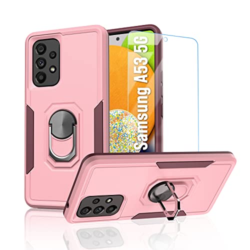 TUNKARMOR for Samsung Galaxy A53 5G | A53 5G UW Case: with Tempered Screen Protector Built in Rotable Ring Kickstand Military Grade Dual Layer Shockproof Protective Phone Cover - Rose Pink