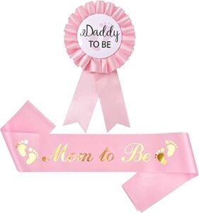 akebrog baby shower mom to be sash and tinplate badge daddy to be combo kit,baby gender reveal party gifts (light pink)