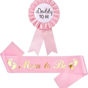 Akebrog Baby Shower Mom To Be Sash And Tinplate Badge Daddy To Be Combo Kit,Baby Gender Reveal Party Gifts (Light Pink)