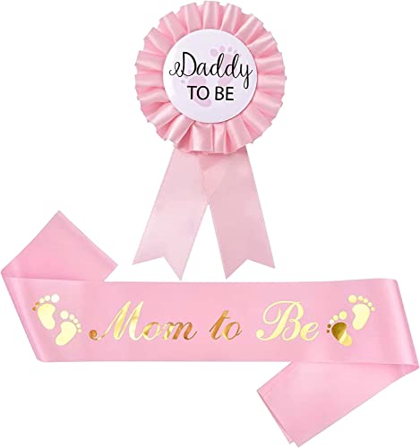 Akebrog Baby Shower Mom To Be Sash And Tinplate Badge Daddy To Be Combo Kit,Baby Gender Reveal Party Gifts (Light Pink)