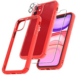 tauri [5 in 1 defender designed for iphone 11 case, anti-yellowing with 2 pack tempered glass screen protector + 2 pack camera lens protector slim cover for iphone 11 6.1 inch-red