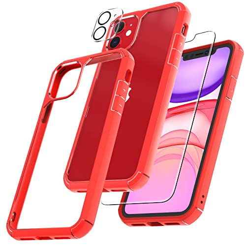 TAURI [5 in 1 Defender Designed for iPhone 11 Case, Anti-Yellowing with 2 Pack Tempered Glass Screen Protector + 2 Pack Camera Lens Protector Slim Cover for iPhone 11 6.1 inch-Red