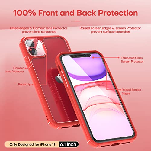 TAURI [5 in 1 Defender Designed for iPhone 11 Case, Anti-Yellowing with 2 Pack Tempered Glass Screen Protector + 2 Pack Camera Lens Protector Slim Cover for iPhone 11 6.1 inch-Red