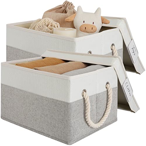 LoforHoney Home Fabric Storage Bins with Lids for Organizing, Foldable Storage Boxes with Lids for Shelves, Clothes Baskets with Cotton Rope Handles, Closet Storage Bins, Large, Beige & Gray, 2-Pack