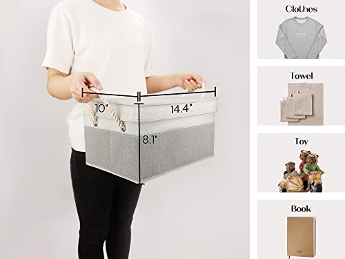 LoforHoney Home Fabric Storage Bins with Lids for Organizing, Foldable Storage Boxes with Lids for Shelves, Clothes Baskets with Cotton Rope Handles, Closet Storage Bins, Large, Beige & Gray, 2-Pack