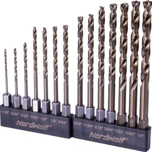 nordwolf 14-piece m35 cobalt jobber drill bit set for stainless steel & hard metals, multi points drill tip with 1/4" hex shank for quick chucks & impact drivers, sae sizes 1/16" to 1/4"