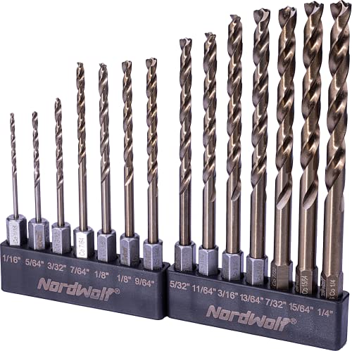 NordWolf 14-Piece M35 Cobalt Jobber Drill Bit Set for Stainless Steel & Hard Metals, Multi Points Drill Tip with 1/4" Hex Shank for Quick Chucks & Impact Drivers, SAE Sizes 1/16" to 1/4"