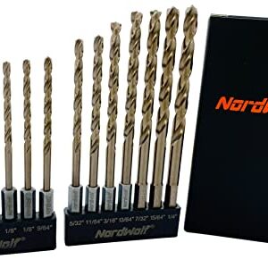 NordWolf 14-Piece M35 Cobalt Jobber Drill Bit Set for Stainless Steel & Hard Metals, Multi Points Drill Tip with 1/4" Hex Shank for Quick Chucks & Impact Drivers, SAE Sizes 1/16" to 1/4"