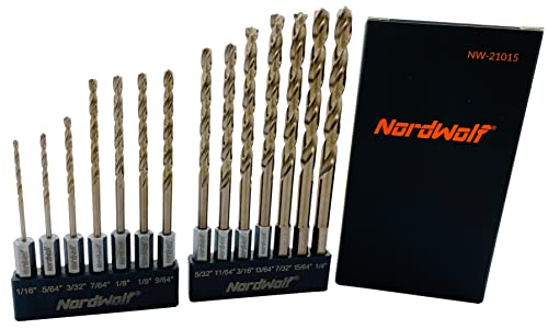 NordWolf 14-Piece M35 Cobalt Jobber Drill Bit Set for Stainless Steel & Hard Metals, Multi Points Drill Tip with 1/4" Hex Shank for Quick Chucks & Impact Drivers, SAE Sizes 1/16" to 1/4"