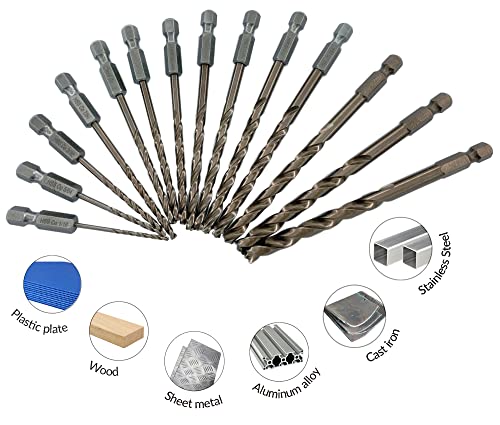 NordWolf 14-Piece M35 Cobalt Jobber Drill Bit Set for Stainless Steel & Hard Metals, Multi Points Drill Tip with 1/4" Hex Shank for Quick Chucks & Impact Drivers, SAE Sizes 1/16" to 1/4"