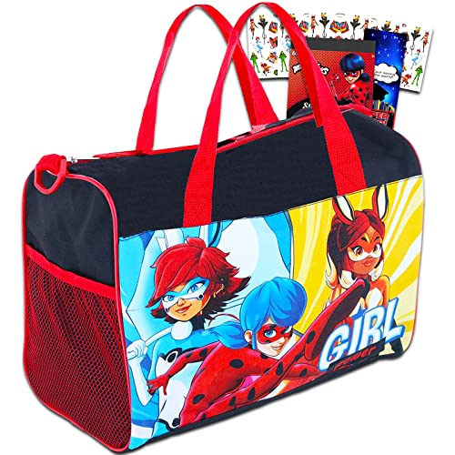 Zagtoon Miraculous Ladybug Duffle Bag for Kids - Bundle with 17inch Miraculous Ladybug Travel Bag Plus Stickers and More (Miraculous Ladybug Bag for Girls)