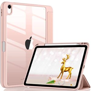 wenlaty case compatible with ipad air 5th generation (2022) / 4th (2020) 10.9 inch pencil holder, for 5/4 case, slim smart cover clear back shell, rose pink