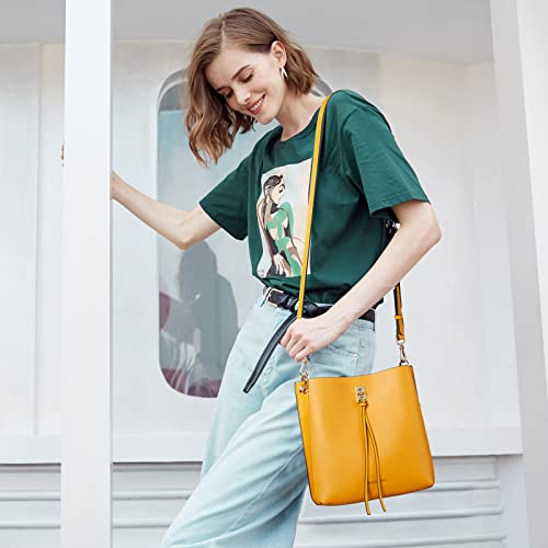 BOSTANTEN Women Handbags Leather Designer Tote Purses Lady Crossbody Bucket Shoulder Hobo Bags for Work Daily (Yellow)