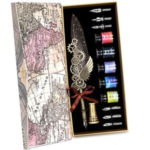 cunmei vintage punk quill pen ink set-mechanical quill pen,5 color ink calligraphy pen ink set,6 replaceable dip pen nibs-basic calligraphy kit-for beginners and calligraphy lovers (grey)