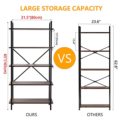 Vlsrka 5 Tier Bookshelf with 3 LED Lights, Industrial Bookshelf Tall Bookshelf Vintage Etagere Bookshelf Modern Bookcases Storage Organizer Open Display Shelves for Living Room Bedroom Home Kitchen