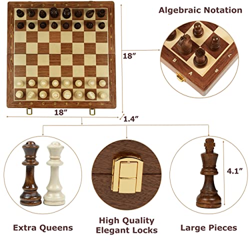 Wooden Chess Set for Kids and Adults – 18 inch Staunton Chess Set - Large Folding Chess Board Game Sets - Storage for Pieces | Wood Pawns - 2 Extra Queens