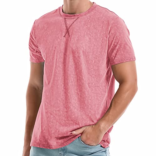 KLIEGOU Men's T-Shirts - Elasticity Cotton Crew Neck Tees 2166 Pink XL