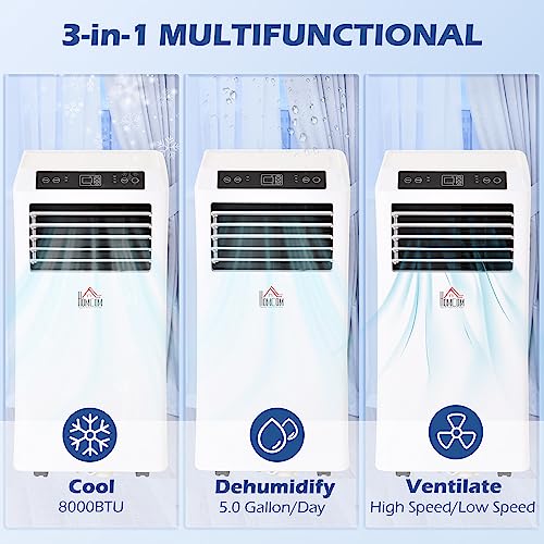 HOMCOM 8000 BTU Mobile Portable Air Conditioner with Cooling, Dehumidifier, and Ventilating with Remote Control, 2 Speed Fans, 24-Hour Timer for Bedroom, Living Room, Home Office, White