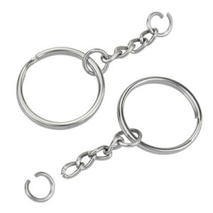 KINGFOREST 50PCS Split Key Ring with Chain 1 inch and Jump Rings,Split Key Ring with Chain Silver Color Metal Split Key Chain Ring Parts with Open Jump Ring and Connector.