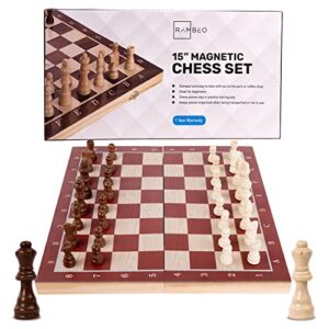 magnetic wood chess set-15-inch-folding board, portable travel chess board game set comes with crafted chess game pieces, numbers & letters in a solution storage, great chess sets for kids & family.