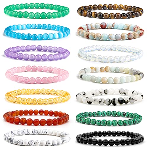 SROBENZ 14Pcs Gemstone 6mm Semi Precious Round Beaded Bracelet Set For Women Men Girl Crystal Healing Stretch Stone Bead Energy Bracelets Jewelry