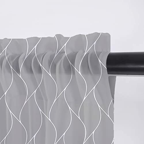 Semi-Sheer Valance Curtains, Grey Gold Wave Abstract Art Foil Print Pattern Small Window Treatment Panel - 54 x 18 Inch, White Thin Line Rod Pocket Tier Curtain Valances for Kitchen Sink Living Room