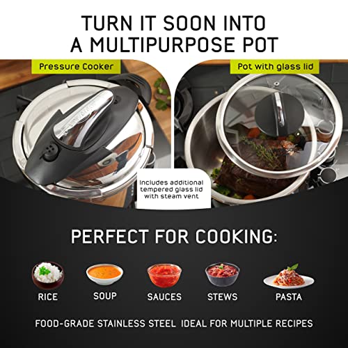 Universal 4.2 Quart / 4 Liters Stainless Steel Easy Use Pressure Cooker with Extra Tempered Glass Lid, Induction Compatible, Pressure Cooker & Multipurpose Pot, 5 servings, Pressure Canner