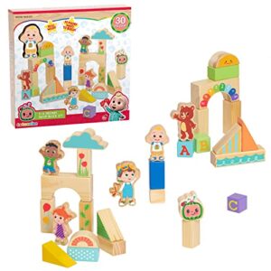 cocomelon jj & friends wood block set, 30-pieces, recycled wood, officially licensed kids toys for ages 18 month, gifts and presents by just play