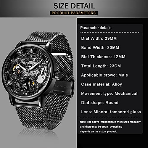 Whodoit Mesh Strap Design Watch Hand-Wind Mechanical Stainless Steel Case Skeleton Watch Watch for Men