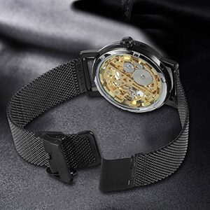 Whodoit Mesh Strap Design Watch Hand-Wind Mechanical Stainless Steel Case Skeleton Watch Watch for Men