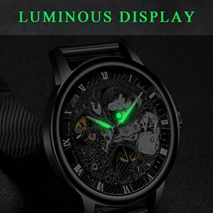 Whodoit Mesh Strap Design Watch Hand-Wind Mechanical Stainless Steel Case Skeleton Watch Watch for Men