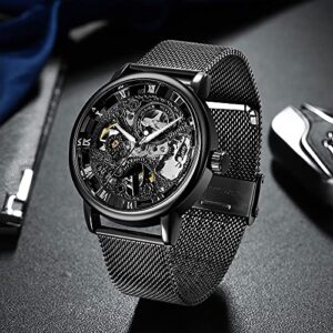 Whodoit Mesh Strap Design Watch Hand-Wind Mechanical Stainless Steel Case Skeleton Watch Watch for Men