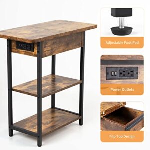 End Table with Charging Station, Narrow Side Table with USB Ports and Outlets, Flip Top Nightstand / Bedside Table / Sofa Couch Table for Small Spaces / Slim End Table for Living Room Bedroom Office