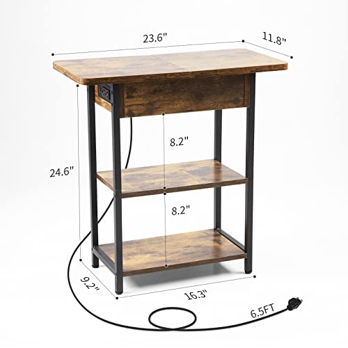 End Table with Charging Station, Narrow Side Table with USB Ports and Outlets, Flip Top Nightstand / Bedside Table / Sofa Couch Table for Small Spaces / Slim End Table for Living Room Bedroom Office