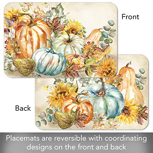 CounterArt Harvest Pumpkins & Sunflowers 4 Pack Reversible Easy Care Flexible Plastic Placemats Made in The USA BPA Free PVC Free Easily Wipes Clean