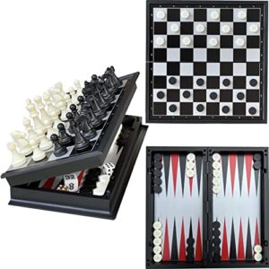 leksak games 10'' magnetic chess checkers backgammon set 3 in 1 - travel board games portable case folding board - beginner chess set for kids and adults - 30 checkers pieces