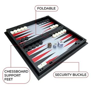 Leksak Games 10'' Magnetic Chess Checkers Backgammon Set 3 in 1 - Travel Board Games Portable Case Folding Board - Beginner Chess Set for Kids and Adults - 30 Checkers Pieces