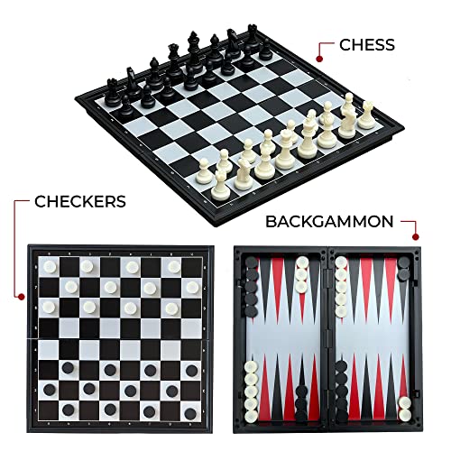 Leksak Games 10'' Magnetic Chess Checkers Backgammon Set 3 in 1 - Travel Board Games Portable Case Folding Board - Beginner Chess Set for Kids and Adults - 30 Checkers Pieces