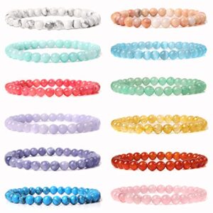 jewpark 12 pcs gemstone 6mm round beads bracelet set healing crystal stone stretch bracelets for men women round beaded elastic bracelets