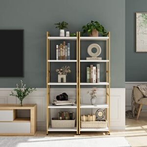 finetones 5 Tier Corner Shelf, Narrow Bookshelf Gold with Metal Frame, Modern Display Storage Organizer for Bedroom Living Room Home Office, White and Gold