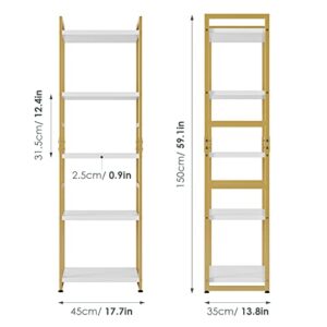 finetones 5 Tier Corner Shelf, Narrow Bookshelf Gold with Metal Frame, Modern Display Storage Organizer for Bedroom Living Room Home Office, White and Gold