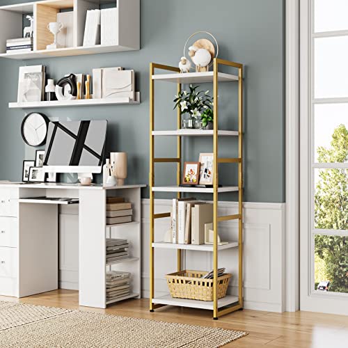 finetones 5 Tier Corner Shelf, Narrow Bookshelf Gold with Metal Frame, Modern Display Storage Organizer for Bedroom Living Room Home Office, White and Gold