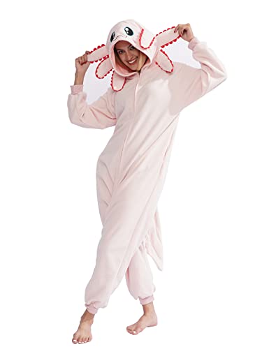 XIGUAGUO Adult Onesie Axolotl Cosplay Costume Animal Plush Homewear Sleepwear Jumpsuit for Men Women Girls Boys Teens