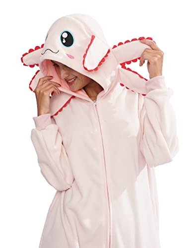 XIGUAGUO Adult Onesie Axolotl Cosplay Costume Animal Plush Homewear Sleepwear Jumpsuit for Men Women Girls Boys Teens