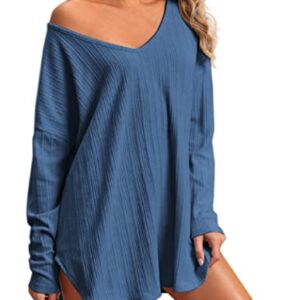 Ekouaer Womens Night Shirts V Neck Sleep Shirt Long Sleeve Tshirt Nightgowns Oversized Shirt Dress(Navy Blue,Large)