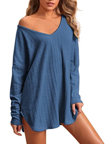 Ekouaer Womens Night Shirts V Neck Sleep Shirt Long Sleeve Tshirt Nightgowns Oversized Shirt Dress(Navy Blue,Large)