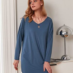 Ekouaer Womens Night Shirts V Neck Sleep Shirt Long Sleeve Tshirt Nightgowns Oversized Shirt Dress(Navy Blue,Large)
