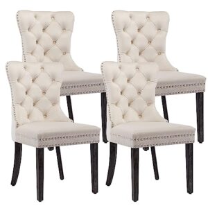 kcc velvet dining chairs set of 4 (renewed), upholstered high-end tufted dining room chair with nailhead back ring pull trim solid wood legs, nikki collection modern style for kitchen, beige
