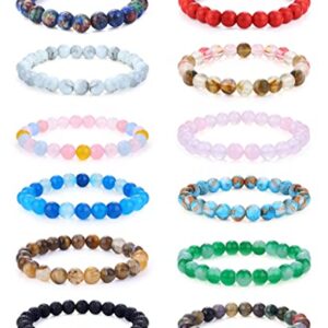 JeryWe 12 Pcs 8mm Beaded Bracelets for Women Men Natural Stone Stackable Bracelet Charm Beaded Healing Crystal Stretch Bracelets Jewelry